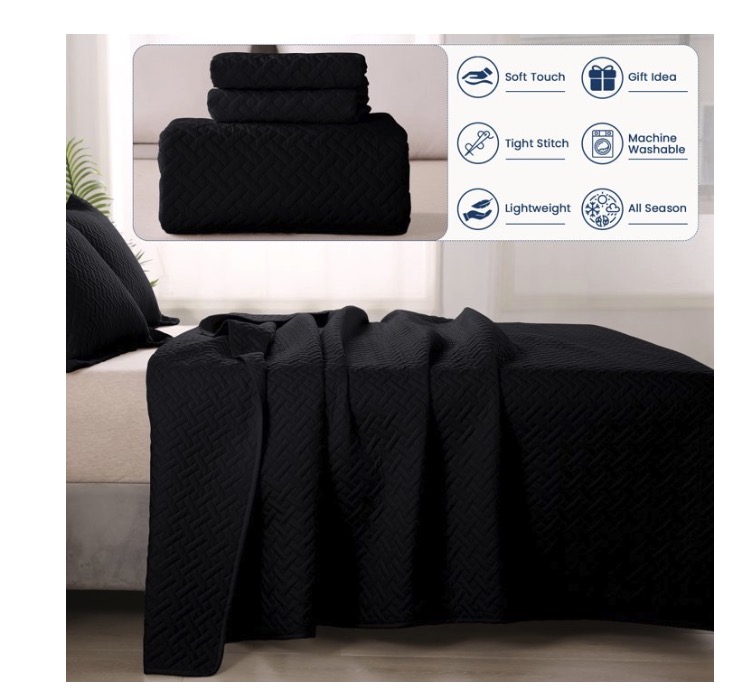 Justlet SE-CG3JT-23 3-Piece Quilt Bedding Sets Queen Black Linear Weave