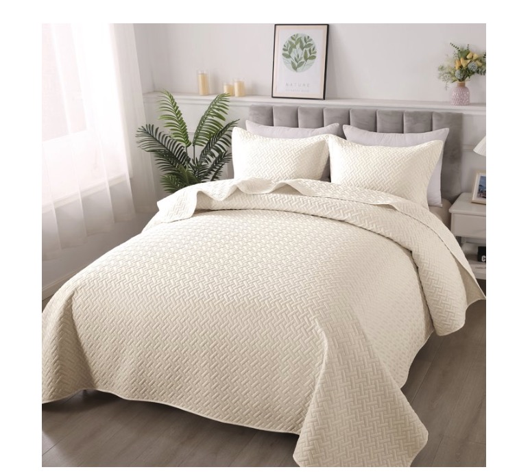 JUSTLET 3-Piece Quilt Bedding Set, Queen, Cream