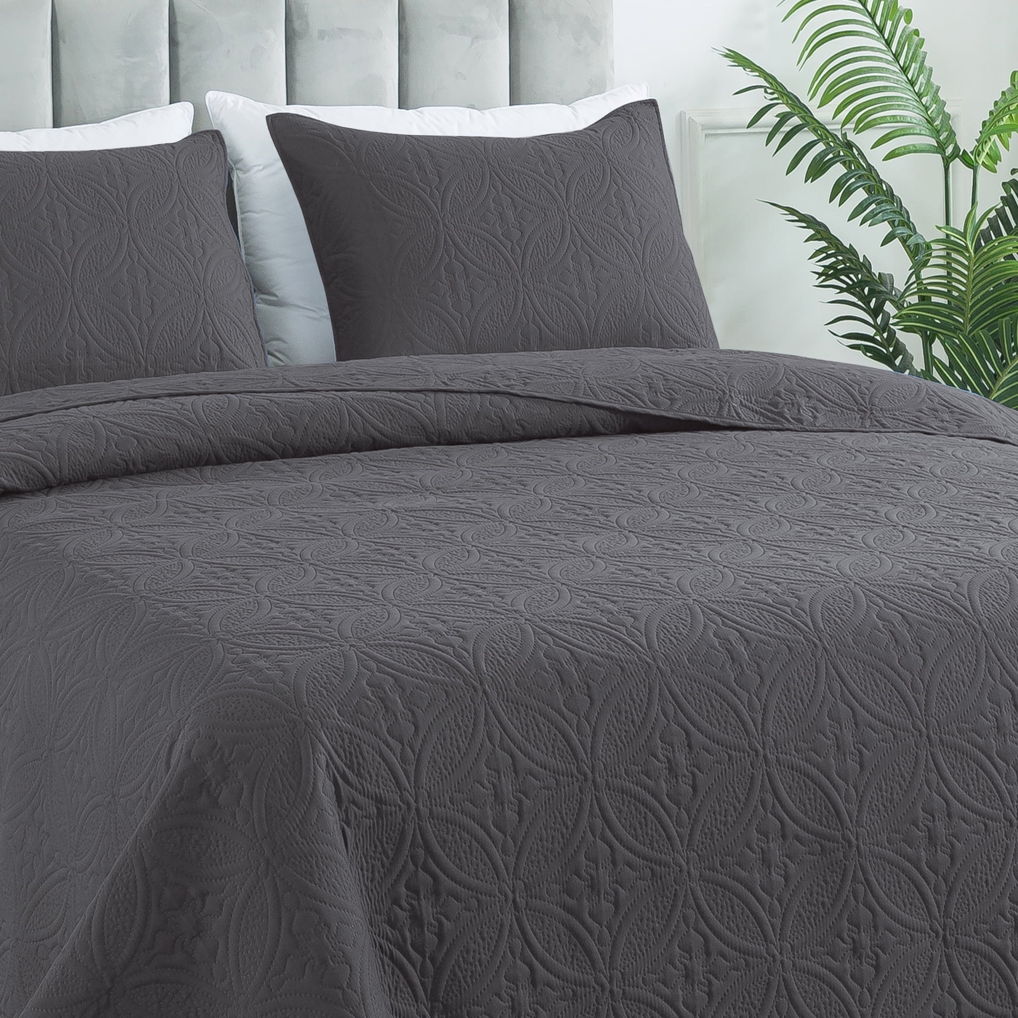 Quilt Set Twin Size - Lightweight Quilts Summer Bedspreads for All Season 2 Piece (1 Quilt, 1 Pillow Sham) - Dark Grey
