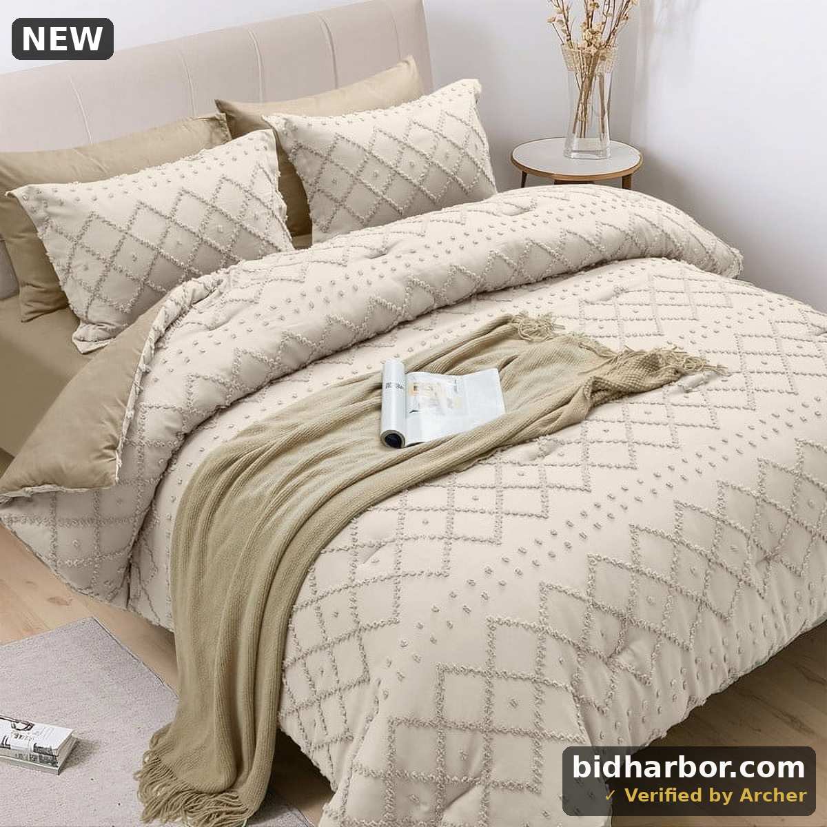 JUSTLET Comforter Set 7 Pieces Bed in a Bag, Beige Reversible Tufted Bedding Set with Comforter, Fitted Sheet, Flat Sheet, Pillow Shams, Pillowcases, Queen