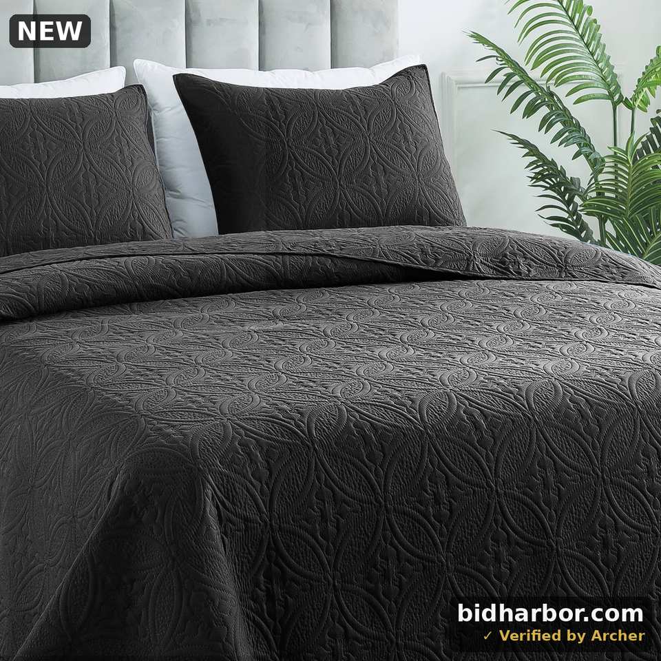 Justlet SE-CG3JT-05 Quilt Set Queen Size - Lightweight Summer Bedspread 3 Piece (1 Quilt, 2 Pillow Shams) - Black