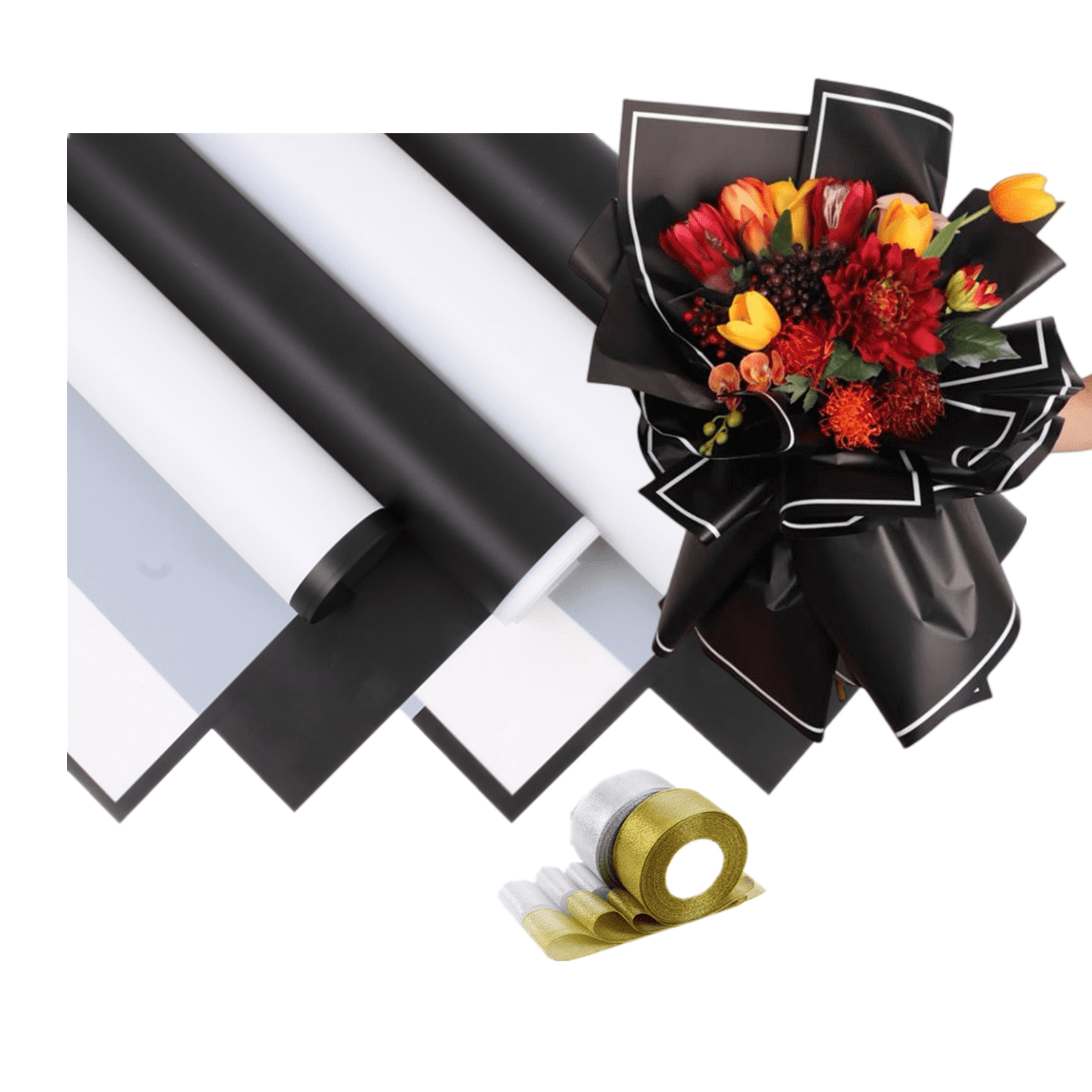 Rikyo 20Pcs 4 Styles Border Flowers Wrapping Paper With 2 Fabric Ribbons Mix Black/White Waterproof Florist Bouquet Paper For Floral Clothing Shirt Shoes Gift Shop Bouquet Packaging 23x 23 — Size 23 x 23