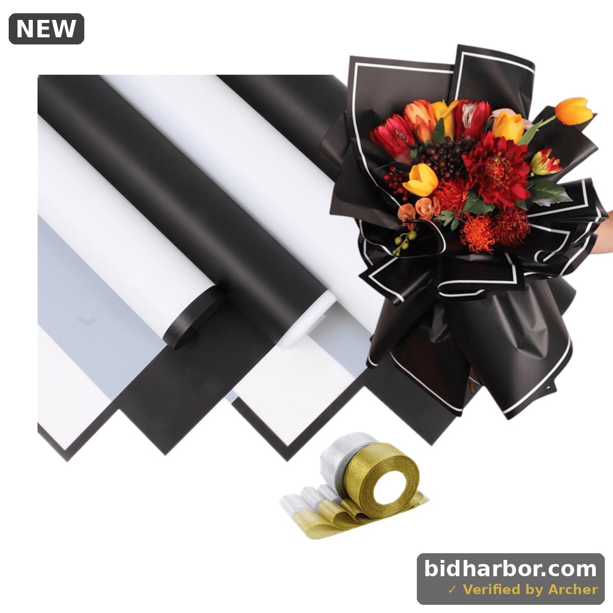 Rikyo 20Pcs 4 Styles Border Flowers Wrapping Paper With 2 Fabric Ribbons Mix Black/White Waterproof Florist Bouquet Paper For Floral Clothing Shirt Shoes Gift Shop Bouquet Packaging 23x 23 — Size 23 x 23