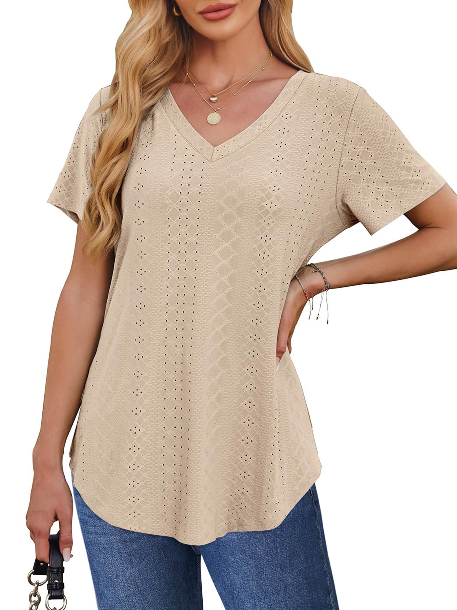 UVN Summer Blouses for Women Short Sleeves V Neck Shirts Curved Hem Loose Fit Tunic Tops, Beige, Size S