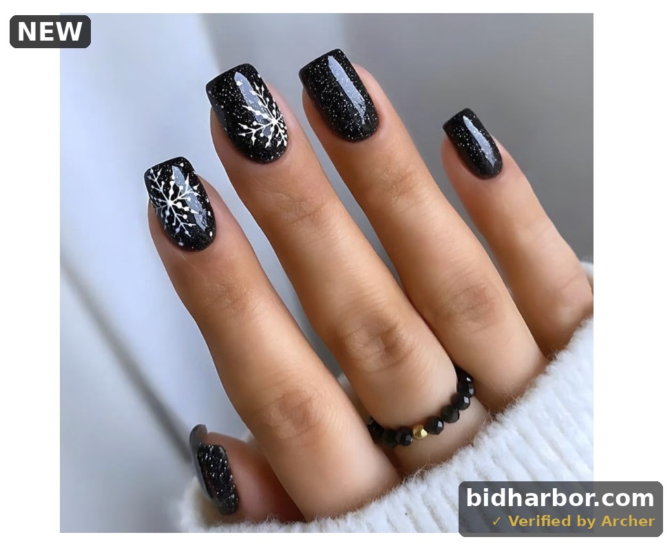 Black Press on Nails Christmas Medium Square False Nails Winter Black Fake Nails with Snow Design Full Cover Acrylic Nails Medium Length Acrylic Glue on Nails Christmas Black Stick on Nails for Women