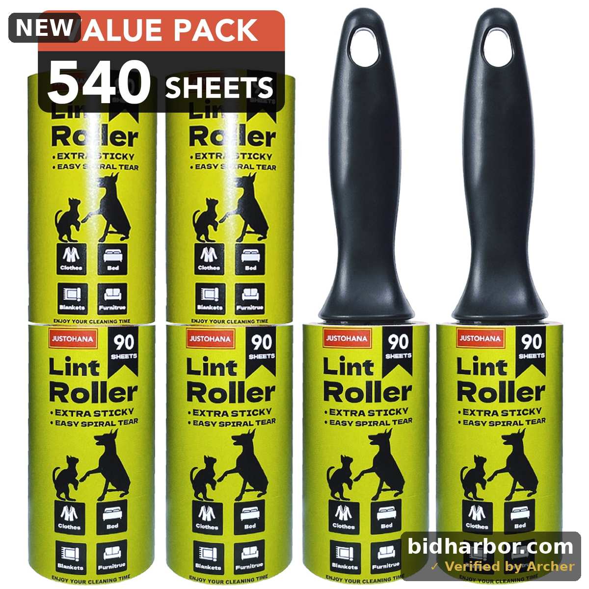 JUSTOHANA Lint Roller Set, 540 Sheets Total, 2 Handles and 6 Rolls