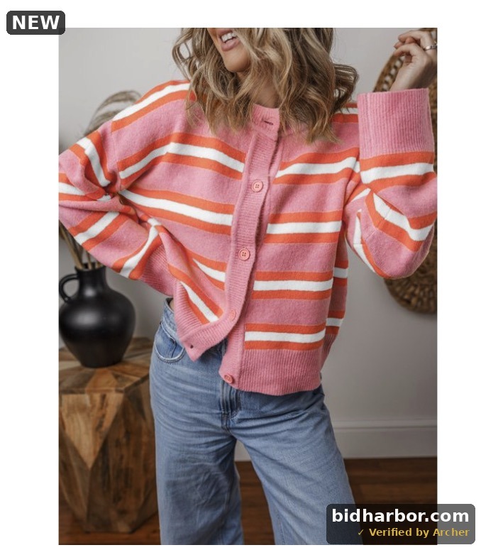 DOKOTOO Striped Cardigan for Women Button Down Long Sleeve Cropped Sweater Cardigan Top Color Block Knitwear Coat Pink M US8-10 — Size Medium