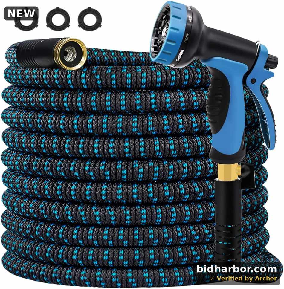 Flexible Expandable Garden Hose100ft, with 10 Function Spray Nozzle,Hose with 3/4 Solid Brass Connectors & Triple Latex Core,Self- Locking Leakproof Design (Blue)