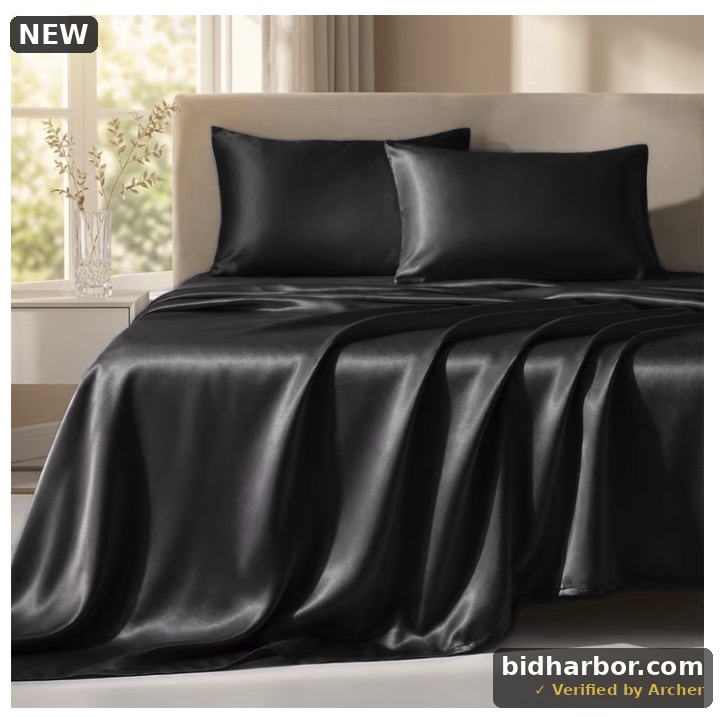 JUSTLET Satin Bed Sheets Set Queen Size, Luxury Silky Sheet Set 4 Pieces with 1 Deep Pocket Fitted Sheet,1 Flat SHeet, 2 Pillowcases, Ultra Soft & Wrinkle Free for Hair and Skin, Black