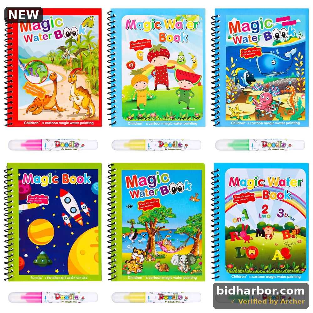 HEQUSIGNS Magic Water Coloring Books, 6-Pack Reusable Painting Books with Water Pens, Ages 3+