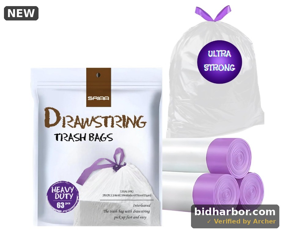 SRIAA White Trash Bags with Drawstring 13 Gallons- 3 Rolls 63 Bags - Ultra-Strong & Leak-Proof 24x28 Inches