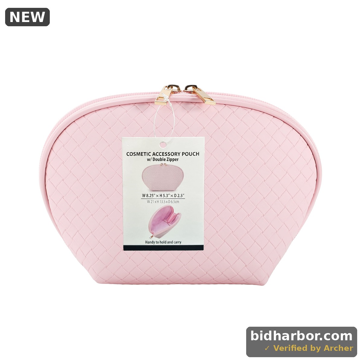 Cosmetic Accessory Pouch with Double Zipper, Pink Woven, 8.25 x 5.3 x 2.5 in