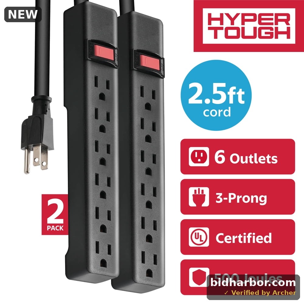 Hyper Tough Surge Protector Power Strip 6 Outlets 2.5 Ft Extension Cord Grounded Black 2-Pack