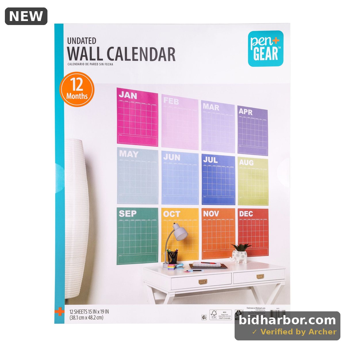 Pen+Gear Undated 12-Month Rainbow Wall Calendar - 15 x 19 Inches