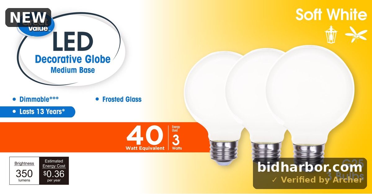 Great Value G25 LED Bulb 3-Watt (40W Equivalent) Soft White Decorative Globe E26 Base Dimmable3 Pack
