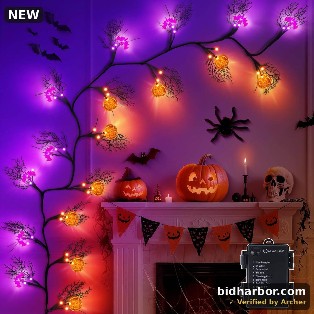 6Ft 45 LED Halloween Willow Vine Twig Garland with Orange Lights - Battery Operated, Waterproof Halloween Decor for Indoor Wall, Fireplace Mantle, Home Party (Pumpkins &amp; Bats, 6FT) - [8 Modes &amp; Timer]