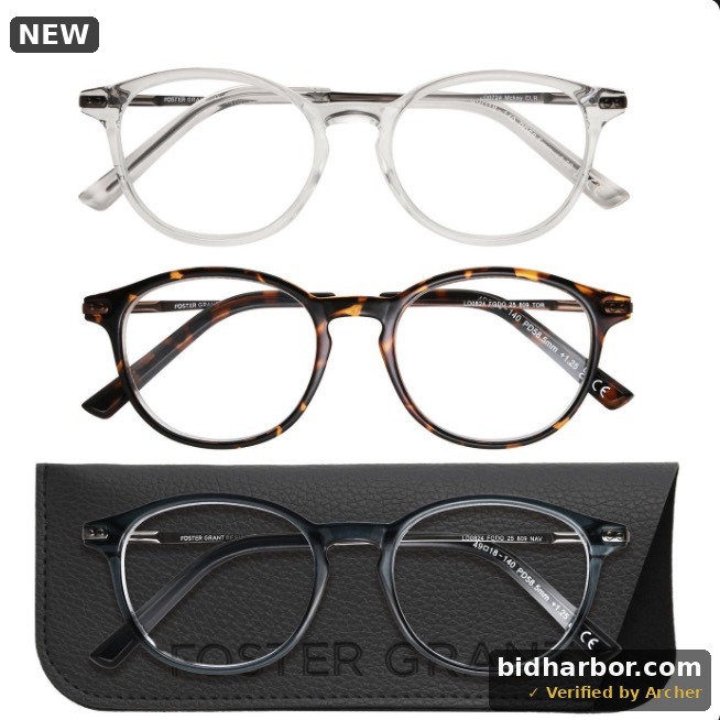 Design Optics by Foster Grant, +1.25, Classic Plastic Round Reading Glasses, 3-pack