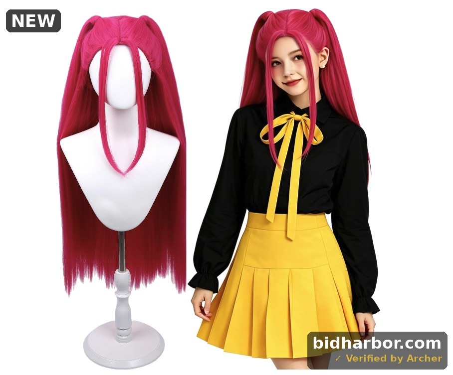 Hot Pink Wigs Magenta Wig with 2 pigtails Halloween Cosplay Wigs