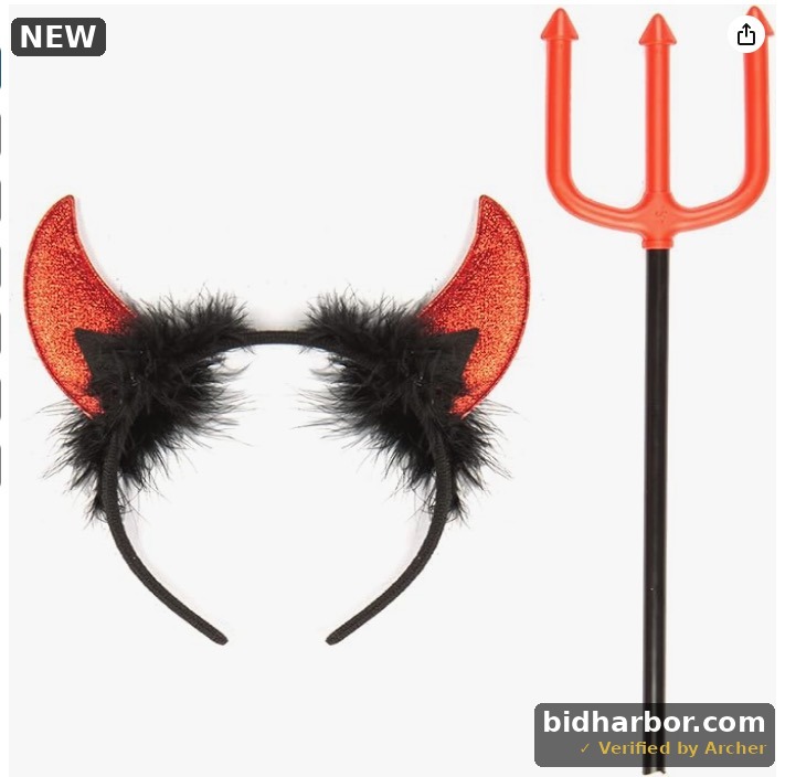 FUNCREDIBLE Horns And Pitchfork | Costume Accessories Set | Glitter Ears Headband | Halloween Fancy Cosplay Outfit Accessories for Women, Men and Kids (Red)