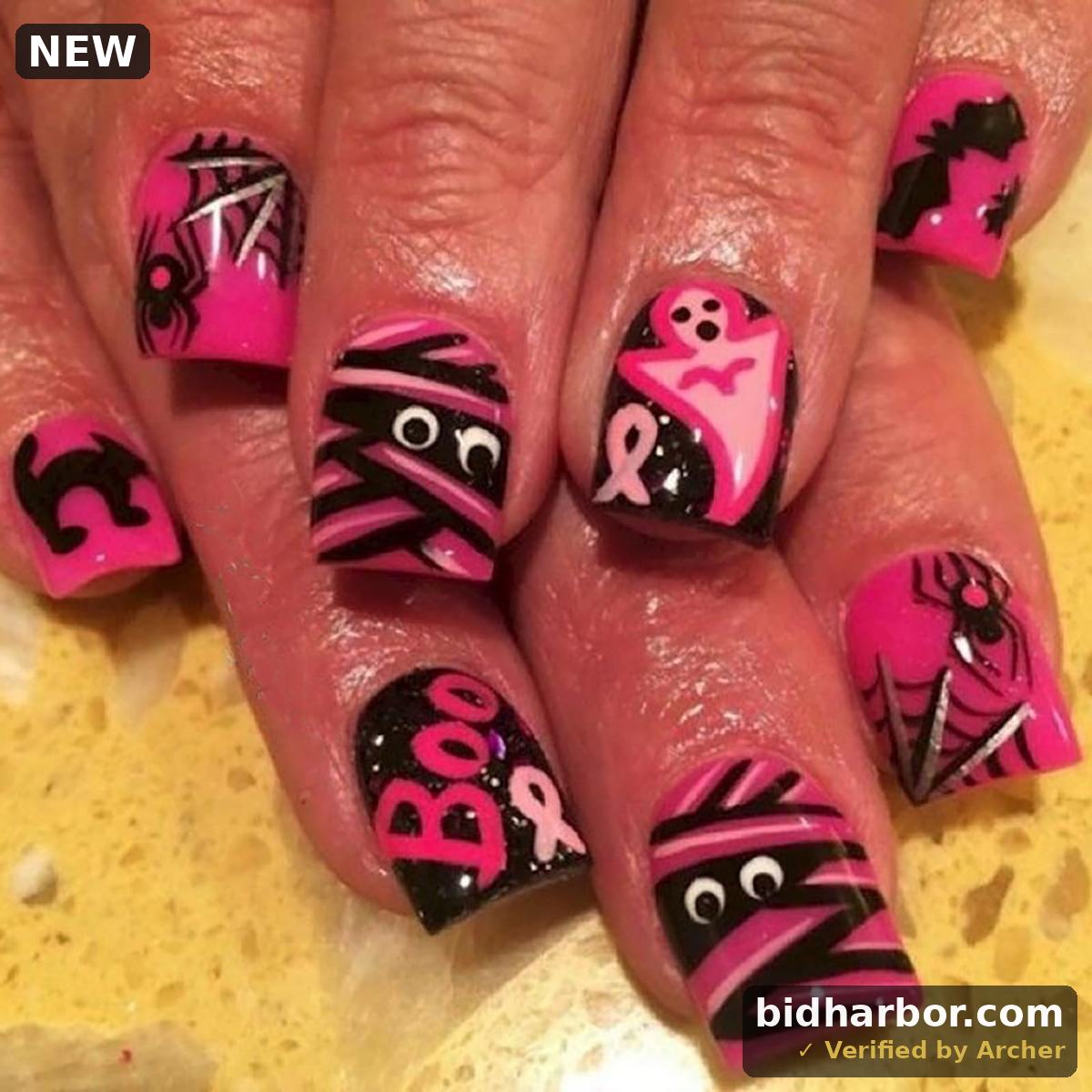 Halloween Press on Nails, Short Square Glossy Fake Nails, Artificial False Nails with Red Bandage Little Ghost&Spider Designs, Reusable, Full Cover Glue on Nail for Women Girls 24Pcs