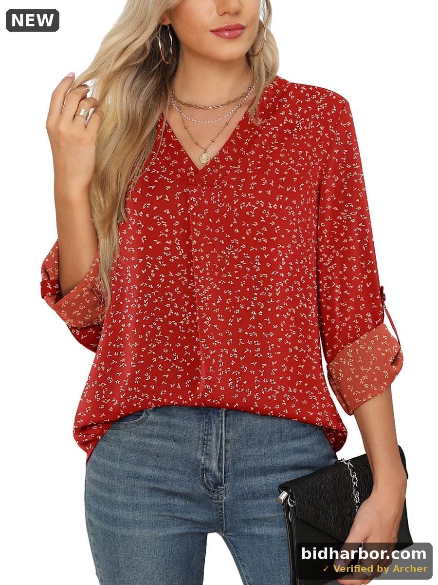 Uvplove 3/4 Sleeve Blouses for Women Casual Elegant Chiffon V Neck Tops,US Size,Flower Wine Red,S-2XL