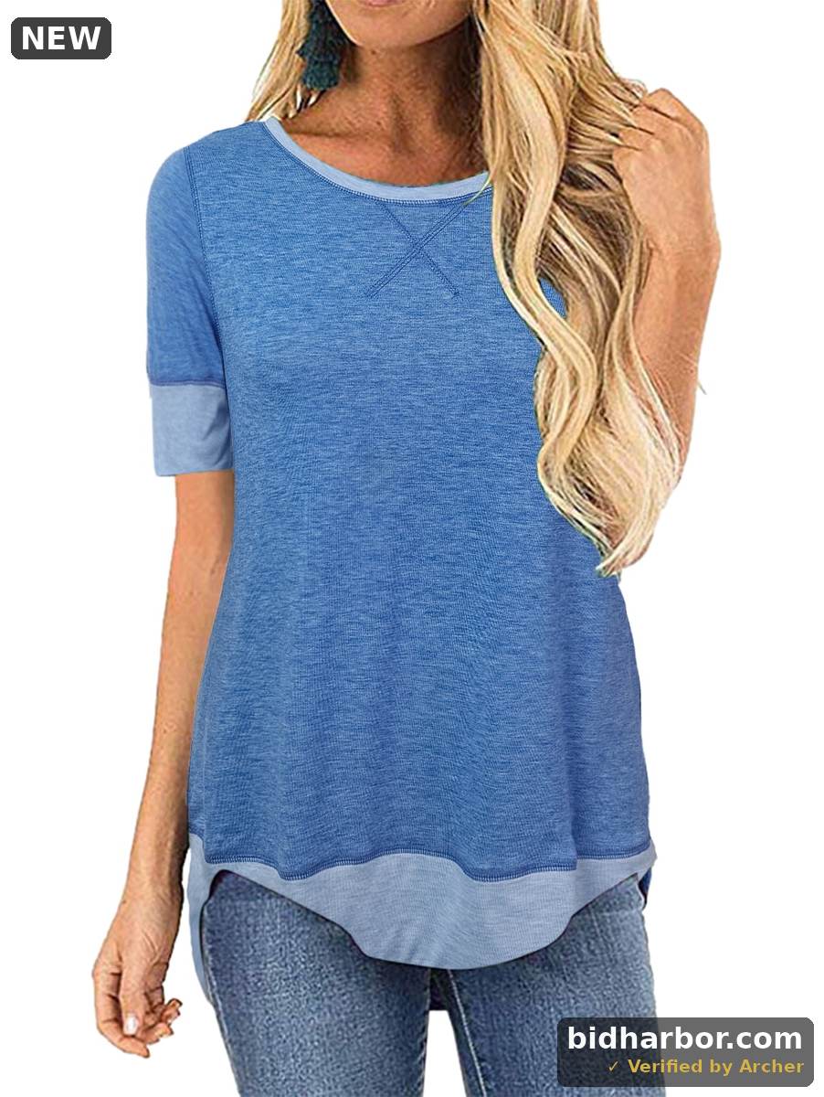 SHIBEVER Women T Shirts Summer Short Sleeve Crew Neck Casual Loose Trendy Tos Bluegrey Tunic Tee Holiday Clothing Size S