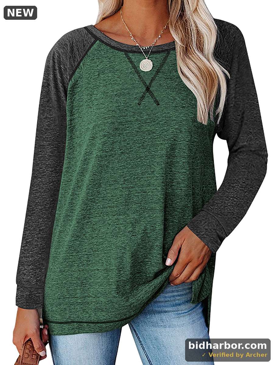 SHIBEVER Fall Fashion Color Blocked Tunics Tops For Women Long Sleeve Crew Neck Cross Split T Shirts Blouses Greenblock - Size XL