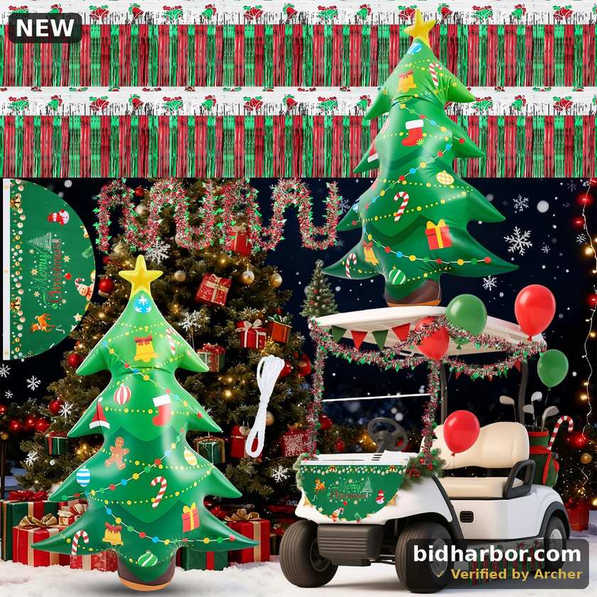 Hungdao 9 Pcs Christmas Golf Cart Parade Decorations Include 1 Pcs 5.3 Ft (63 in) Inflatable Giant Xmas Tree with Bunting Flag Tinsel Garland for Christmas Car Yard Party Decoration