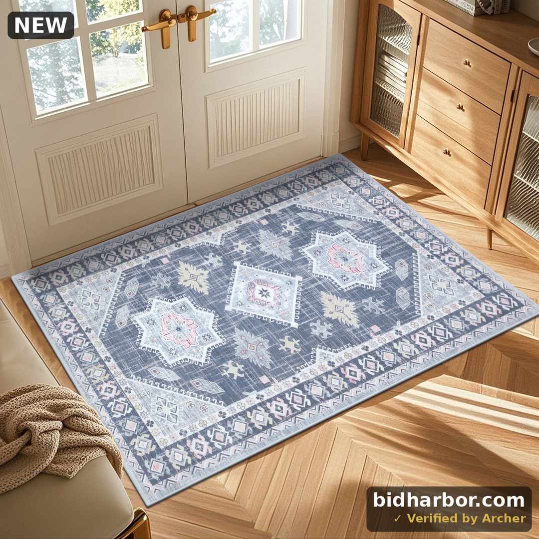 MeyJey Oriental Indoor Area Rug 3x5 Non-Slip Machine Washable Vintage Distressed Floor Carpet for Living Room Bedroom Dining Kitchen Hallway, Gray/Blue/Navy