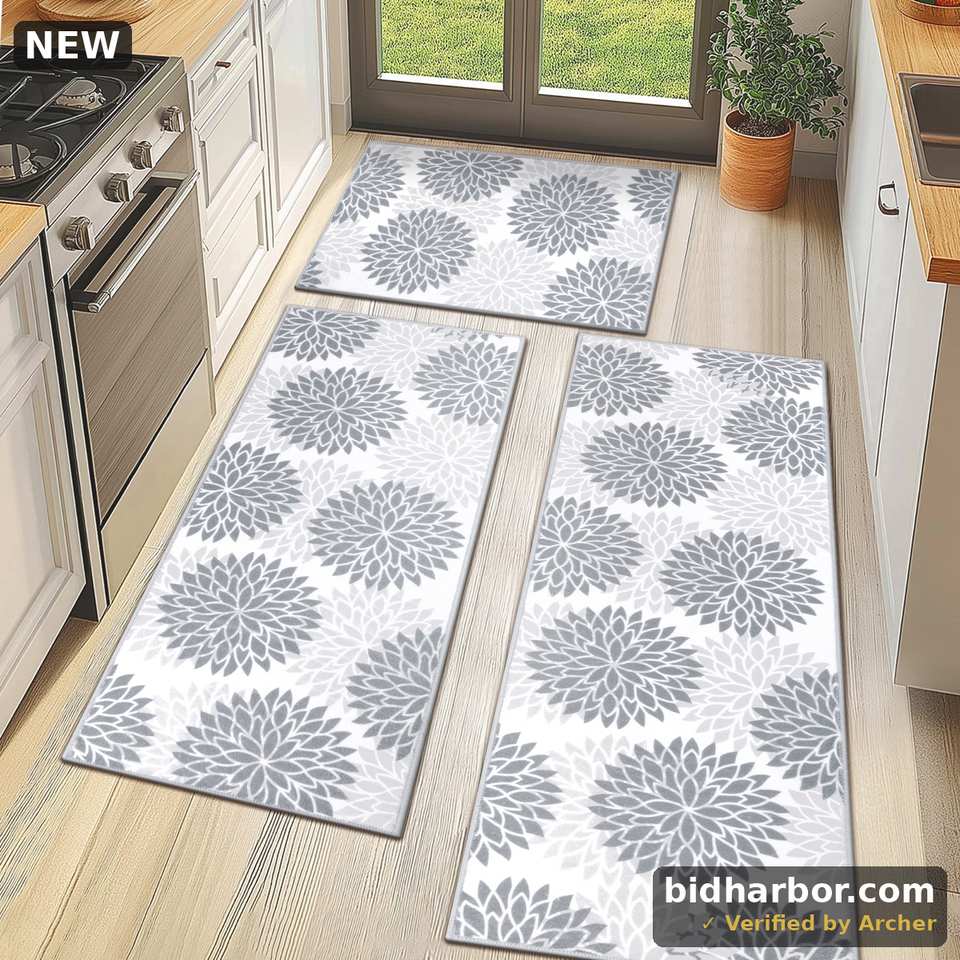 MeyJey Kitchen Rug Set 3 Pcs, Farmhouse Kitchen Runner Rugs and Mat, Non Slip Machine Washable Kitchen Floor Mats for Home Floor and Living Room, White/Gray/Black