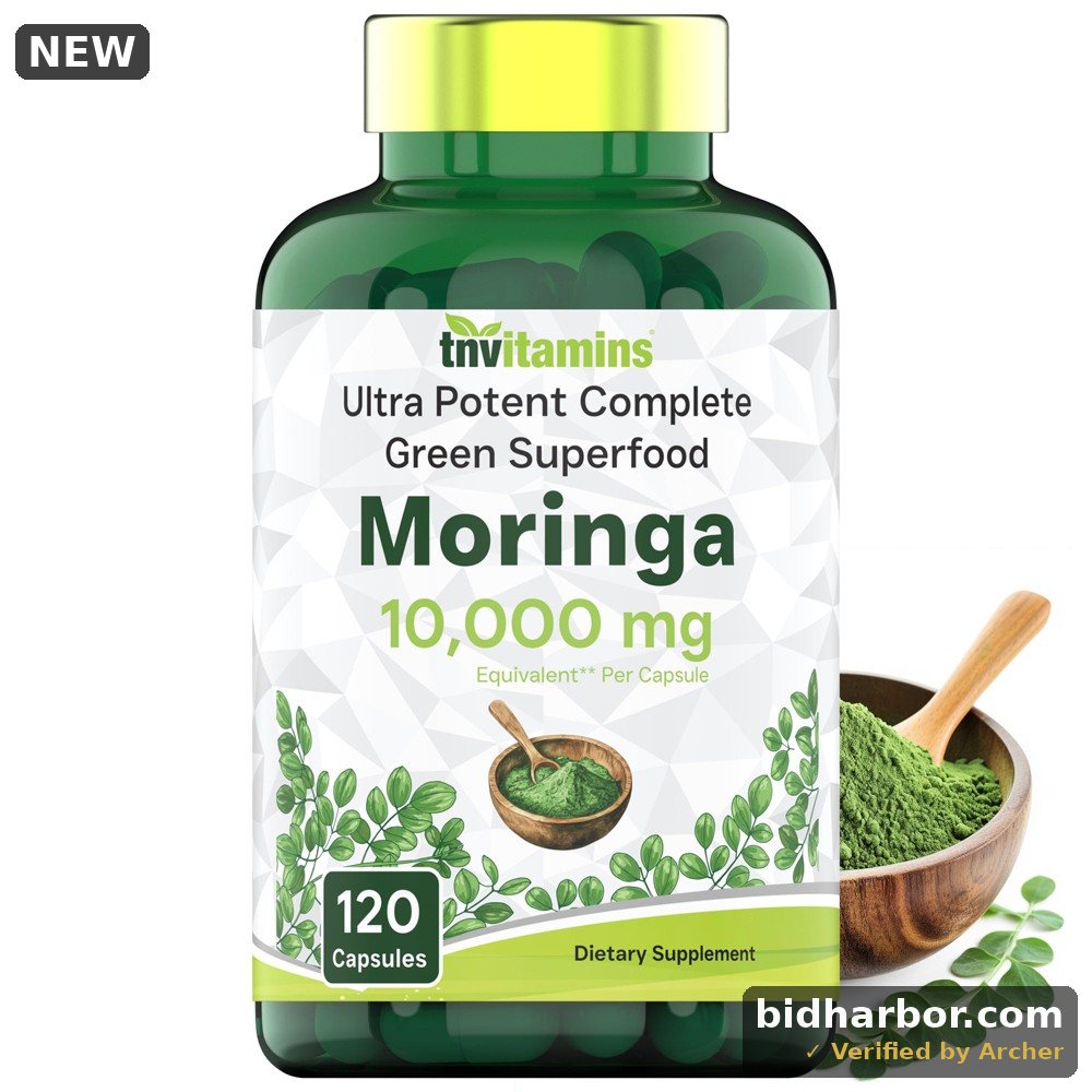 TNVitamins Moringa Powder Capsules 10,000 mg, Antioxidant Supplement with Moringa Leaf Extract for Nutrient Support NON-GMO Green Superfood, 120 Count