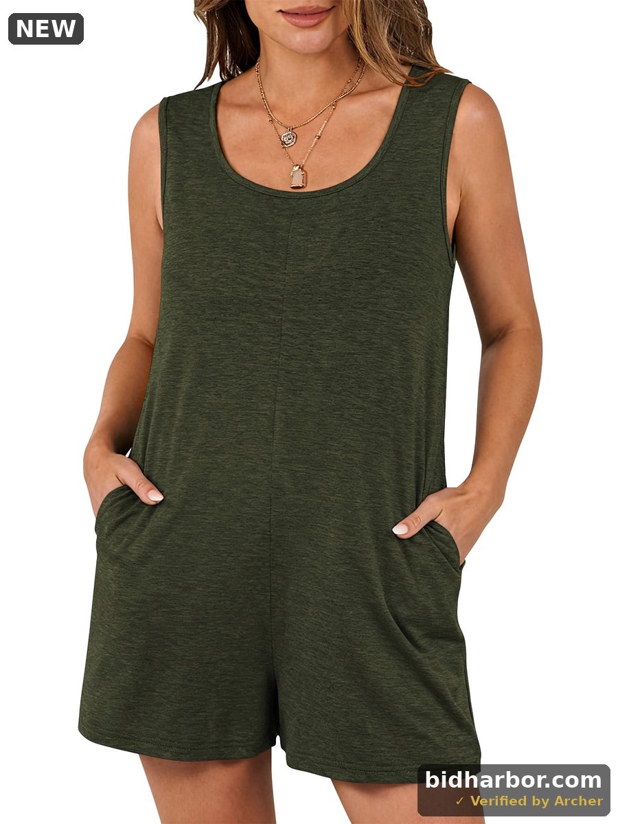 SWQZVT Rompers for Women Summer Clothes Sleeveless Jumpsuits with Pockets Crew Neck Tank Shorts Cotton Outfit Set Army Green 2XL