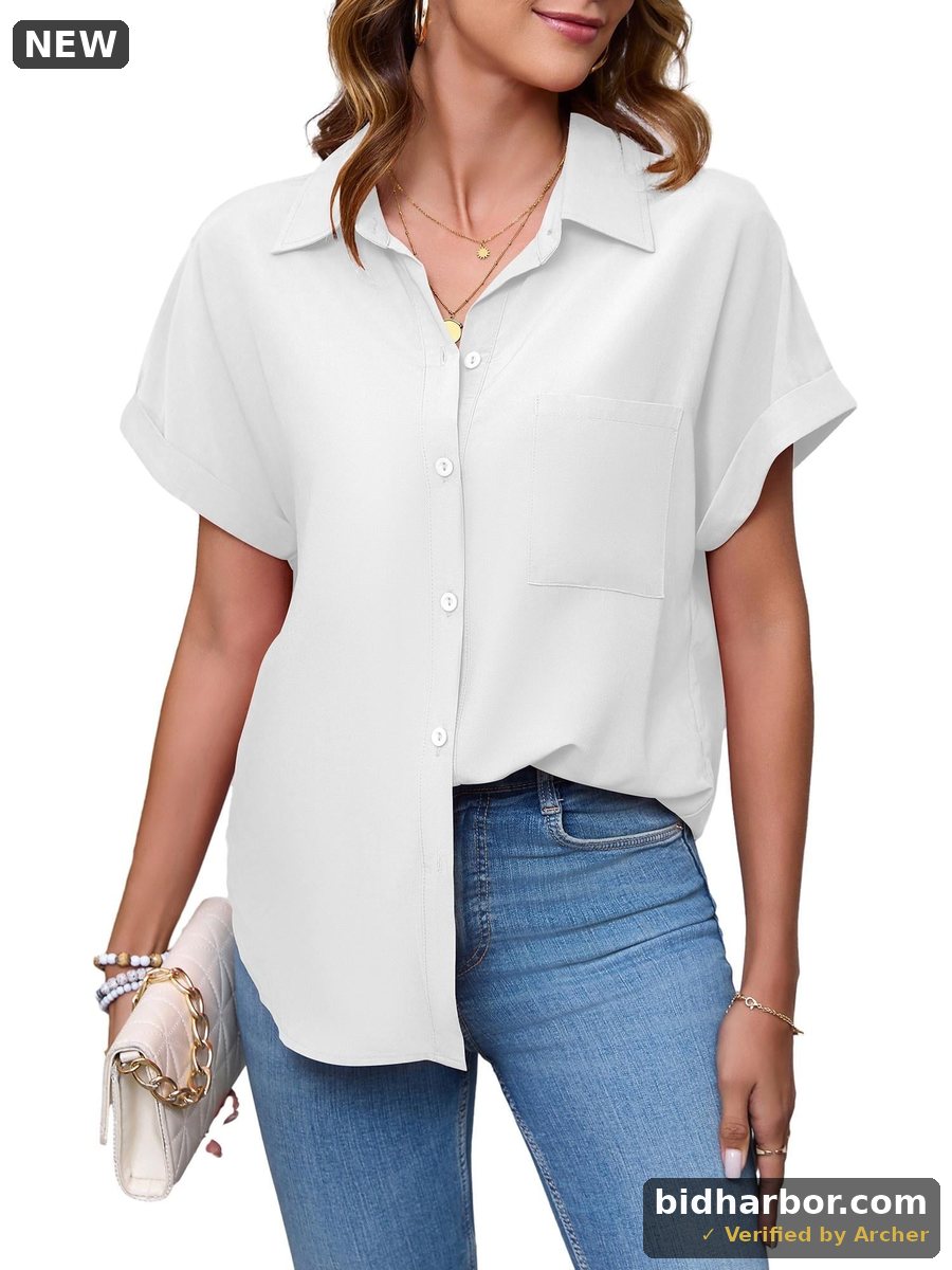 HOWCOME Button Down Blouses for Women Short Sleeve Office Casual Blouse Plain Shirt(White,Medium)