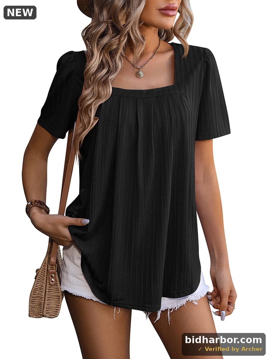 SHIBEVER Summer Tops for Women Casual Short Sleeve Shirts Loose Fit Flowy Pleated Blouse Trendy Solid Color Tee Shirt Black Tunic Size S — Size SMALL