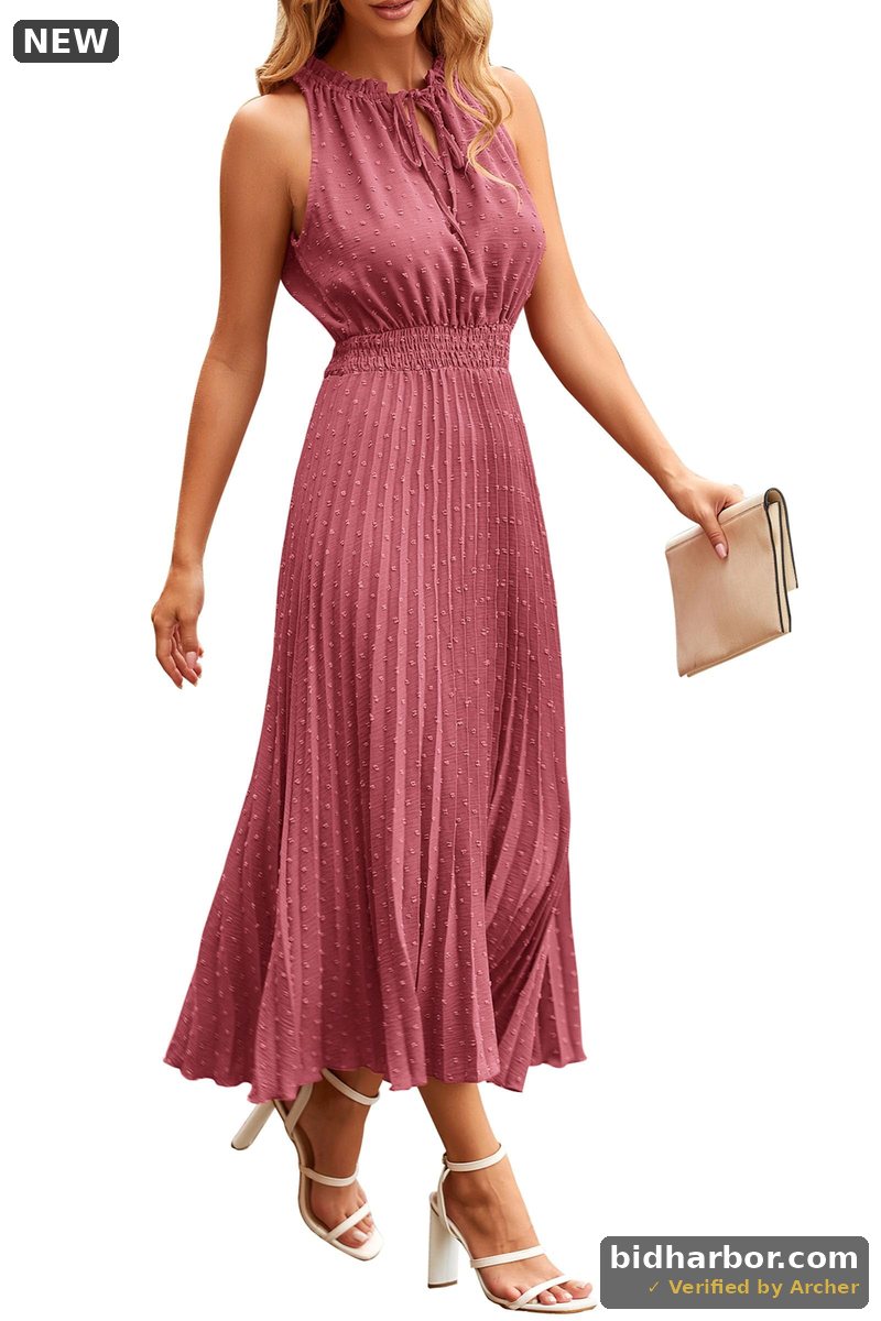 PRETTYGARDEN Womens Midi Summer Dresses Casual V Neck Swiss Dot Ruffle Sleeveless A Line Beach Sun Dress - Size L