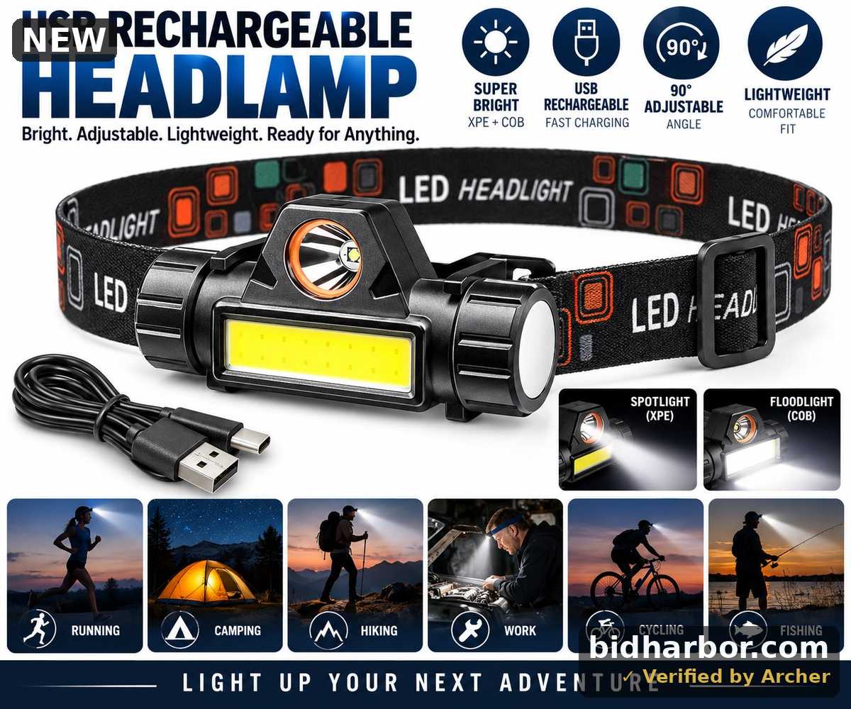USB Rechargeable Headlamp – Hands-Free Light for Camping, Running & Work