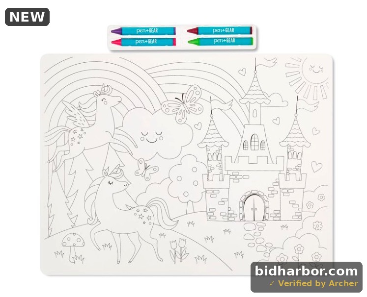 Pen+Gear Washable Fairytale Coloring Placemat Kit with 4 Crayons, Black and White