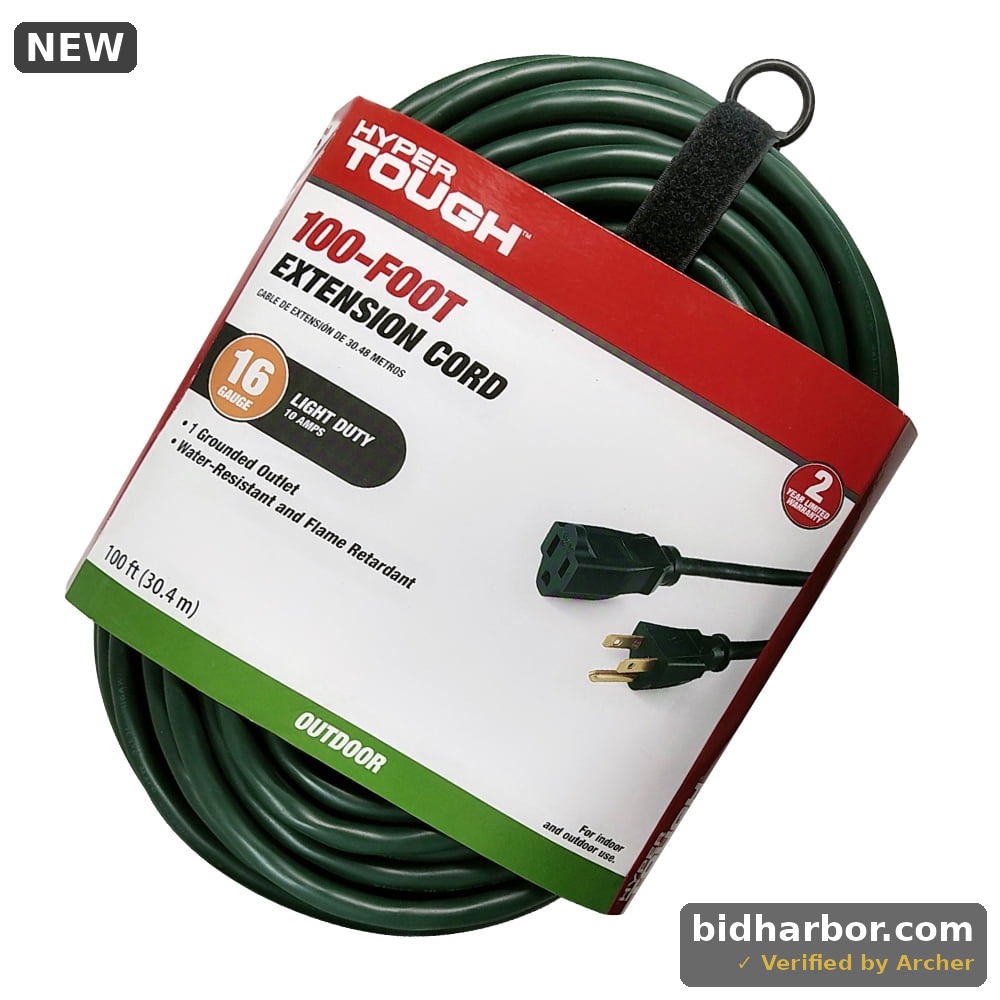 Hyper Tough 100FT 16AWG 3 Prong Green Outdoor Extension Cord Single Outlet 125V 10A