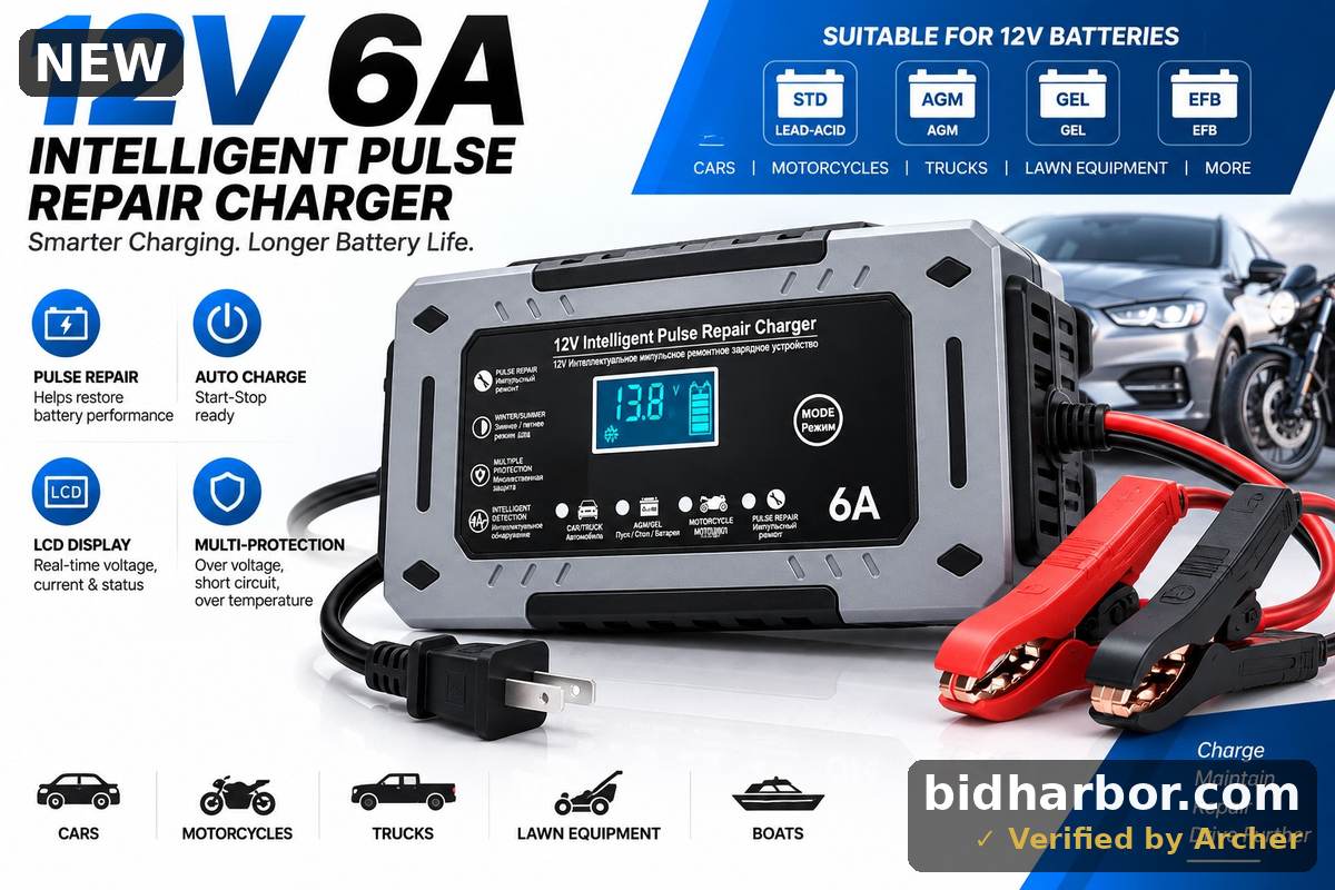 12V 6A Intelligent Pulse Repair Battery Charger with LCD Display, for Car, Motorcycle, AGM and GEL Batteries