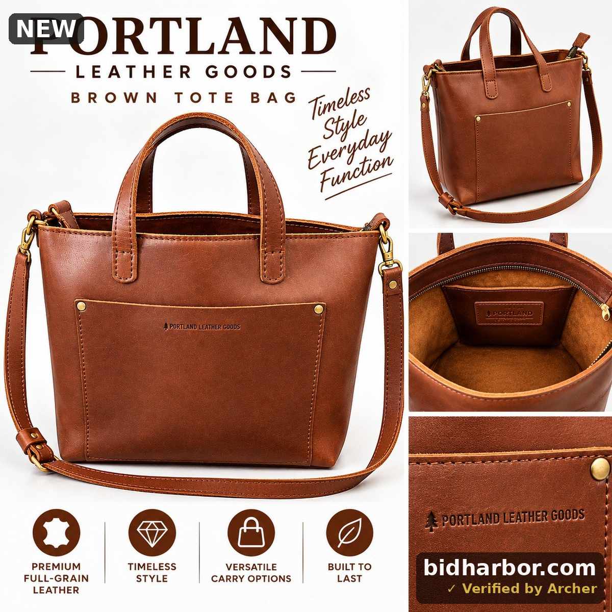 Portland Designer Brown Leather Tote Bag with Top Handles and Detachable Crossbody Strap