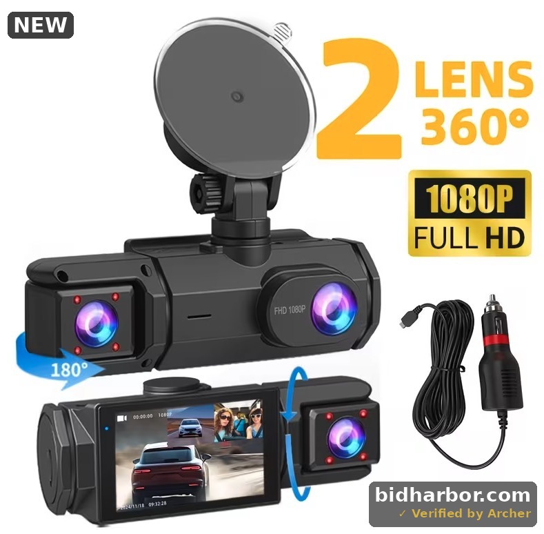 Dual Lens 1080P Full HD Dash Cam with 180-Degree Rotating Front Camera, Suction Mount and Car Charger