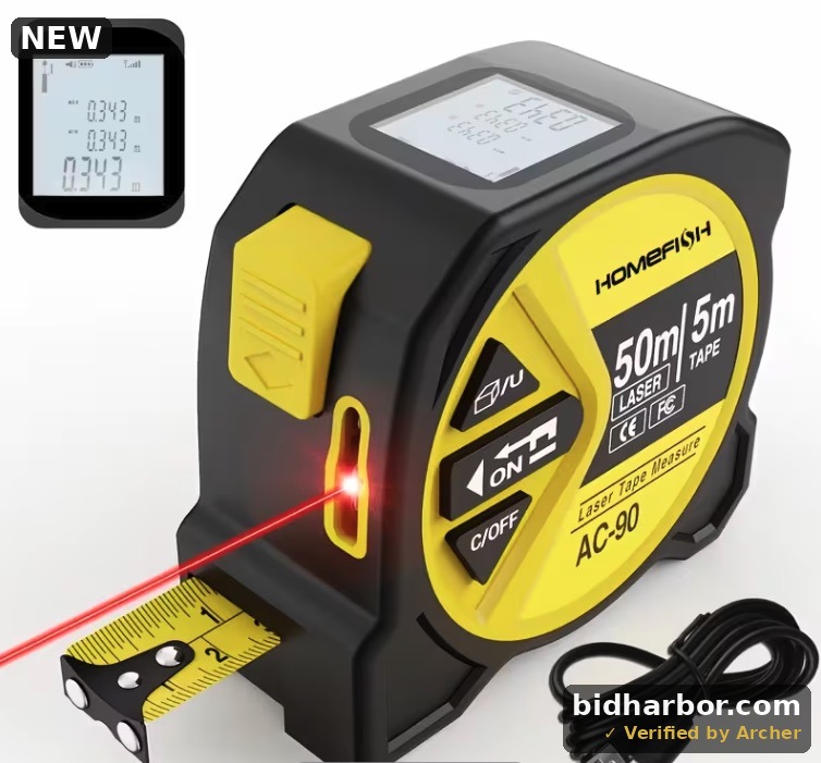 HOMEFISH AC-90 2-in-1 Laser Tape Measure, 164 ft Laser and 16 ft Tape, LCD Display, Rechargeable