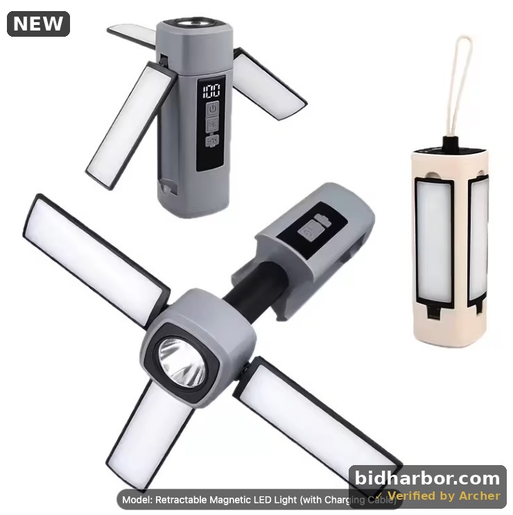 Magnetic Work Light, Rechargeable Foldable LED Inspection Lamp (7 Modes), Featuring A 360° Adjustable And Foldable Design, Suitable for Car Maintenance, Hiking, Camping, Fishing, And Emergencies