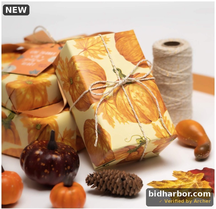 Wrapping Paper Roll - Maple Leaf and Pumpkin Autumn Design, Perfect for Fall Celebrating, Halloween, Birthday, Holiday, Baby Shower Wrap - 30 inch x 33 feet