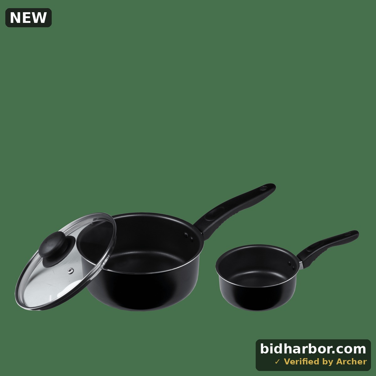 Mainstays 3-Piece Nonstick Sauce Pan Set Black 1 Qt & 2 Qt With Single Glass Lid