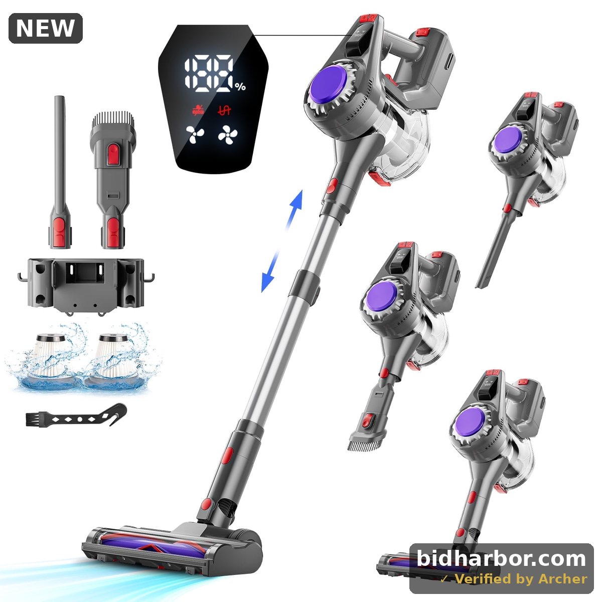 Hoofun Cordless Vacuum Cleaner, 50mins Runtime, Powerful Stick Vacuum 6*2600mah Rechargeable Cordless Vacuum For Carpet, Tile, Pet Hair, Hardwood Floors, Silver Gray