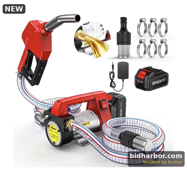 TaskStar 260W Fuel Transfer Pump Battery Powered, 12GPM Electric Pump Kit with 21V 4.0Ah Battery & Charger, Portable Cordless Pump with Auto-off & 2x 6.6FT Hoses Diesel Kerosene Transfer Pump