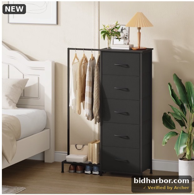 Eunos Nightstand with 5 Fabric Drawers and Hanging Rack for Bedroom Living Room Wood Grain Print