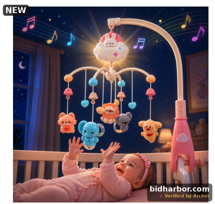 WonderStone Baby Musical Crib Mobile, Rotating Mobile with Timer, Lights & Music, Remote Control & Teether Rattles for Newborns, Pink