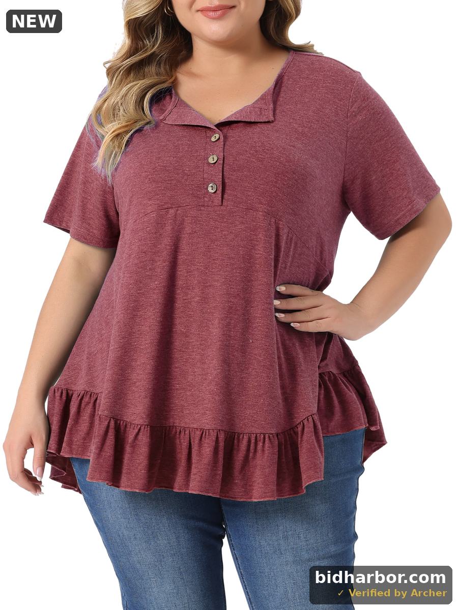 Agnes Orinda Woemn S Plus Size School College Henley V Neck Button Up Short Sleeves Ruffled Hem Blouses 3X Burgundy